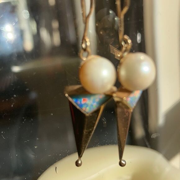 Vintage Gold Earrings Genuine 14K Gold Real Pearl Genuine Opal Artisan Earrings - Picture 8 of 16